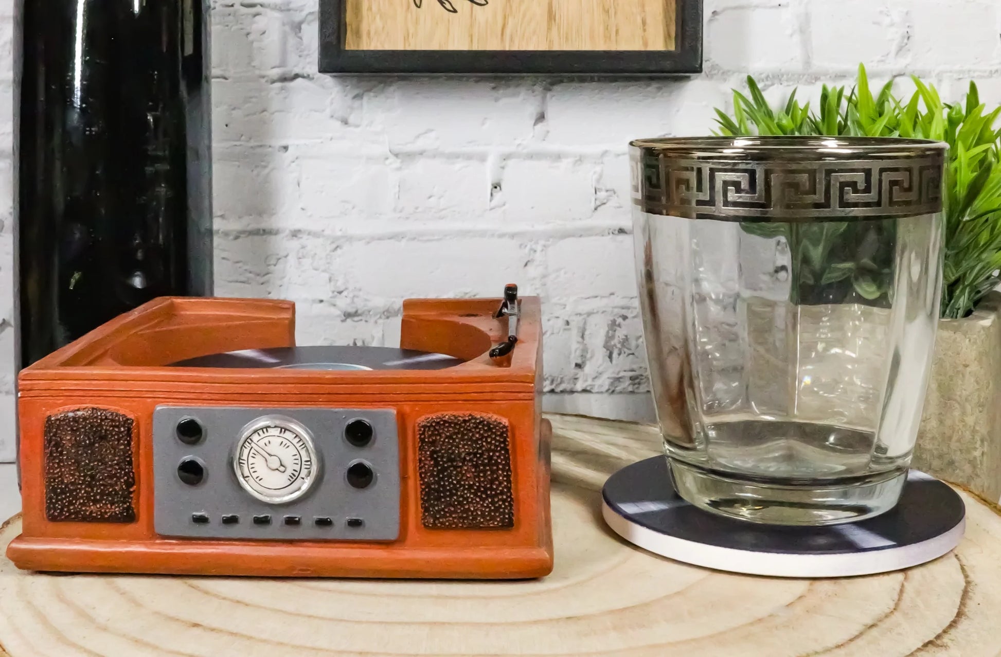 Vintage Retro Nostalgia Vinyl Turntable Player Replica Coasters and Holder Set