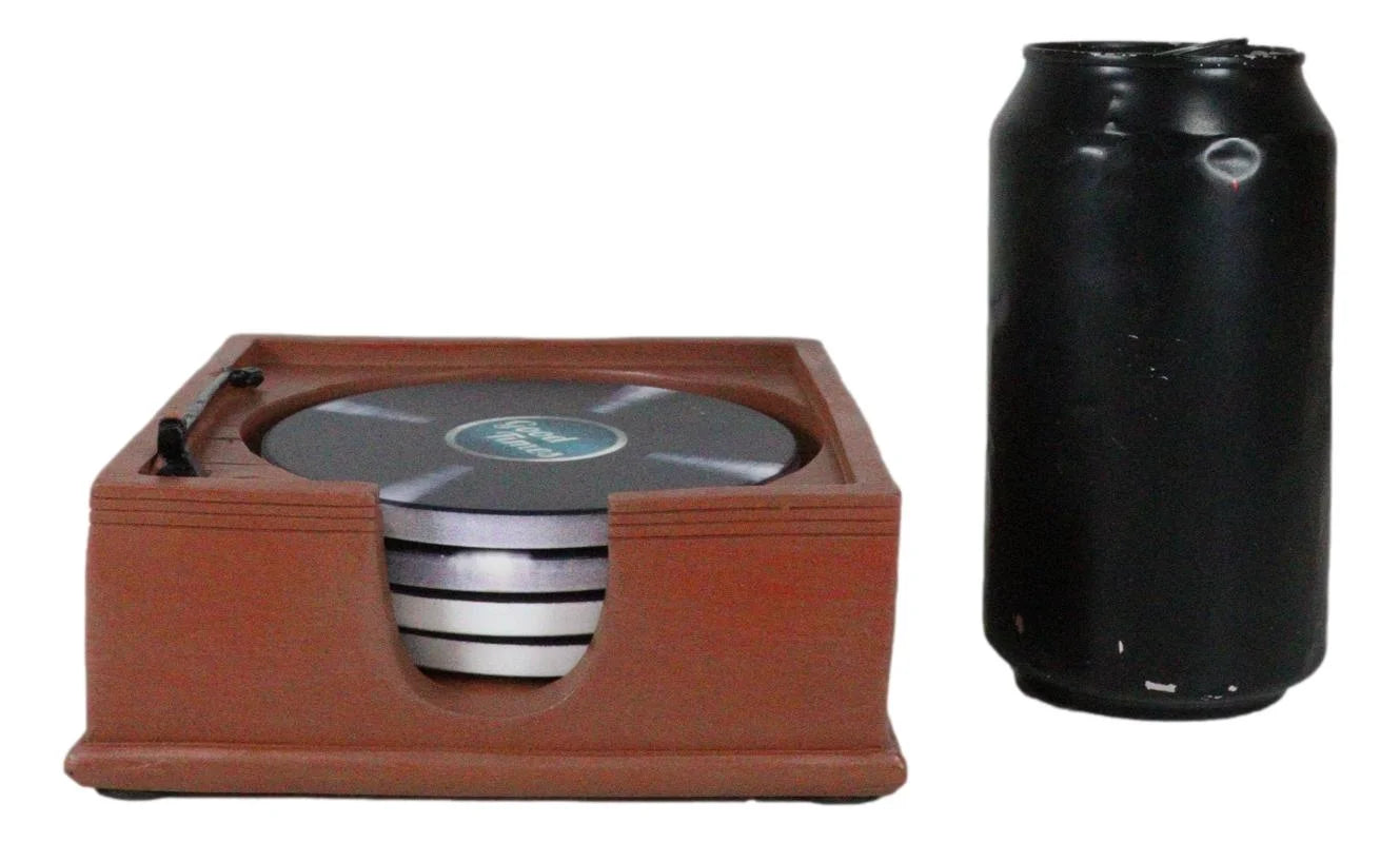 Vintage Retro Nostalgia Vinyl Turntable Player Replica Coasters and Holder Set